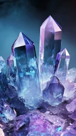 Luminous amethyst crystal cluster rises in glowing blue mist