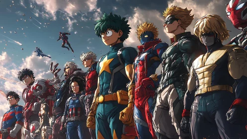 Heroic anime lineup under dramatic sunset sky horizon.