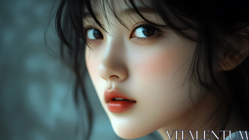 Soft-lit gaze drifts through teal shadows and polished silence