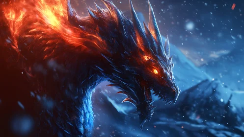 Embercrowned ice dragon roaring across a blizzard night.