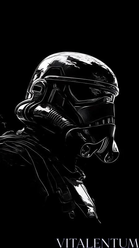 Futuristic trooper helmet in high-contrast monochrome profile.