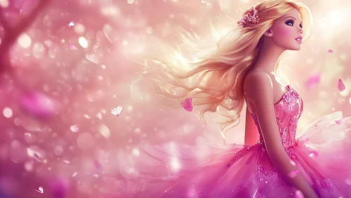 Digital painting of pink fantasy doll princess in motion blur.