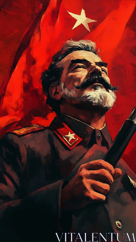 Defiant military officer under red banner with bold star.