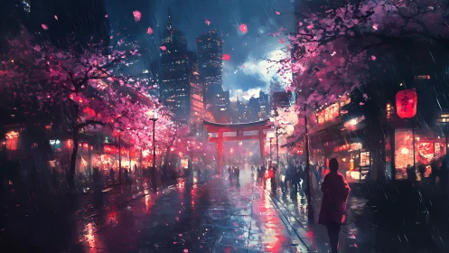 Neon‑lit sakura avenue with torii gate under nocturnal rain.