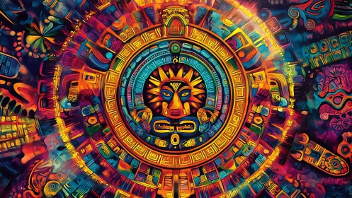 Radiant neo-Aztec sun calendar in swirling neon spectrum.