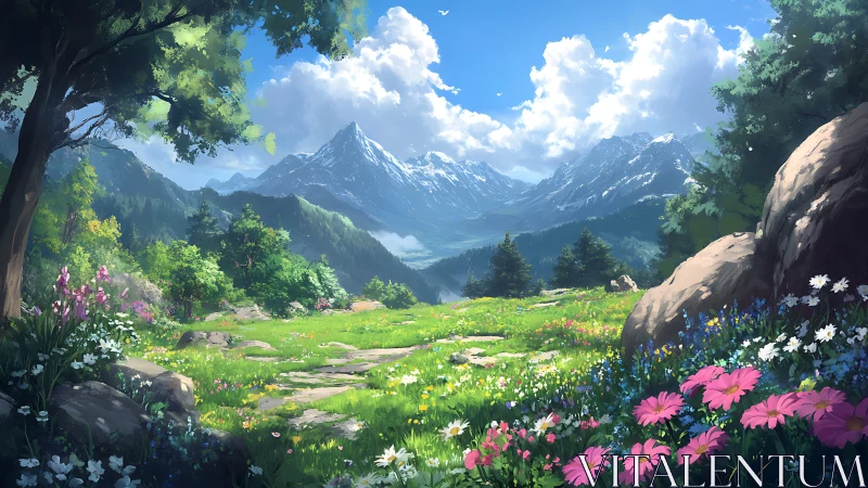 Bright alpine meadow with wildflowers and distant peaks.