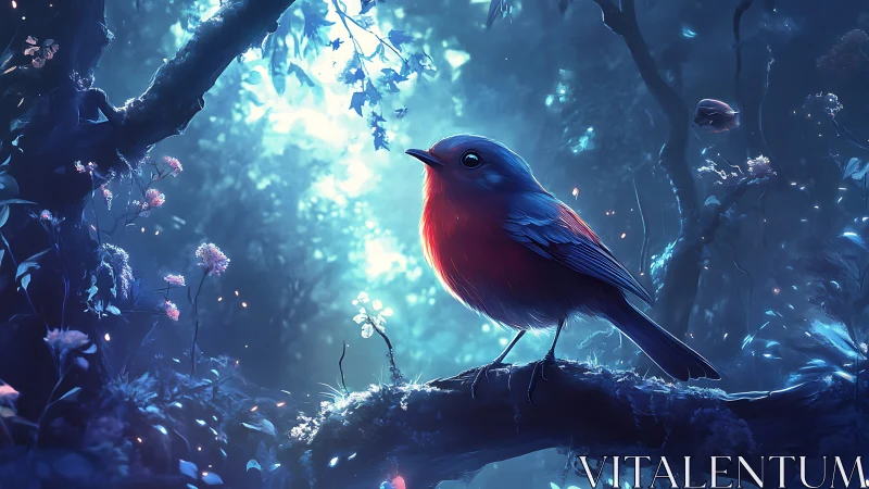 Vibrant Robin in Enchanted Forest, Digital Fantasy Art Style.