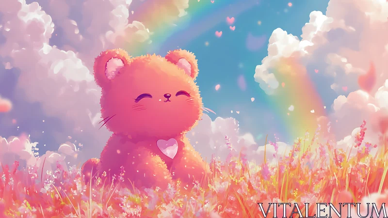 Cartoon bear sits in stylized meadow beneath rainbow sky