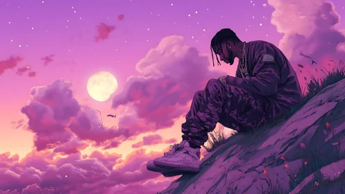 Solitary figure on hillside beneath vivid purple sky.