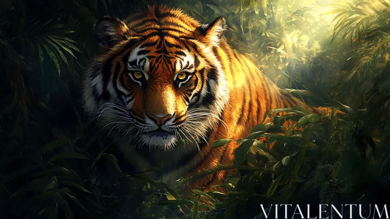 High-contrast tiger portrait with rim-lit fur in dense foliage