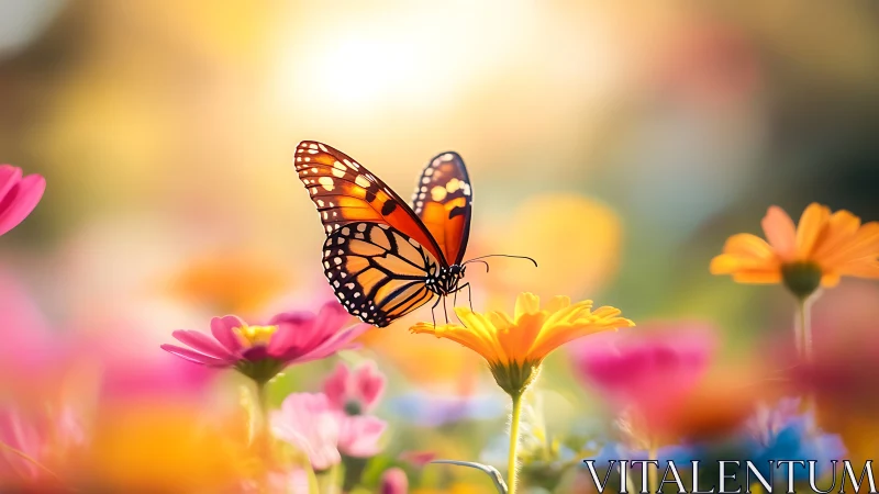 Monarch butterfly rests among glowing spring blossoms.