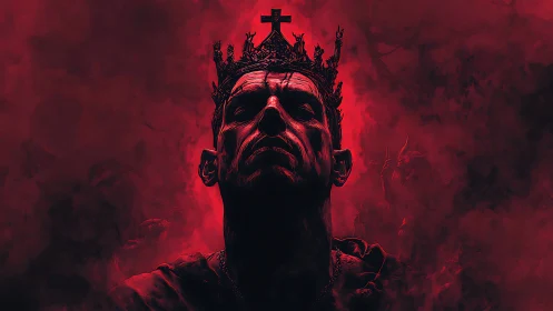 Blood-lit fallen king crowned in thorns of silent ruin.