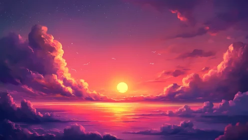 Sunset sun over reflective ocean with vivid colorful clouds