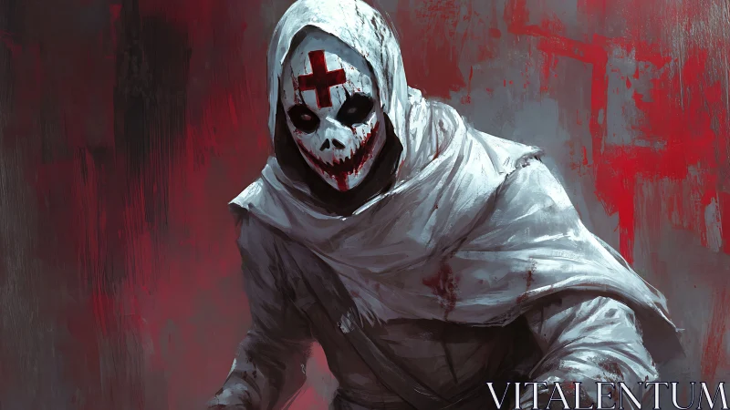 Hooded skull-masked figure advances amid blood-red chaos