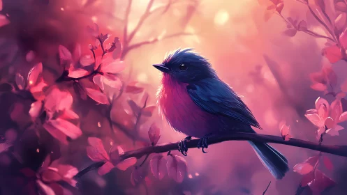 Vibrant Blue and Pink Songbird on Branch in Dreamy Digital Art.