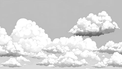 Layered cartoon clouds drift across a calm gray sky.