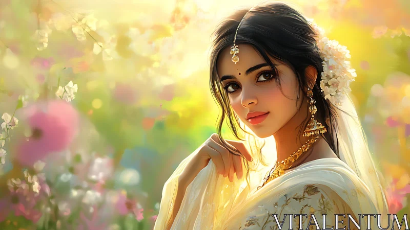 Digital portrait of adorned woman in luminous floral bokeh field