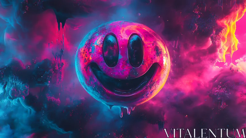 Neon liquid smiley sphere in vaporwave magenta cyan nebula