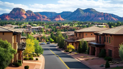 Contemporary desert subdivision aligns with distant red rock mesas