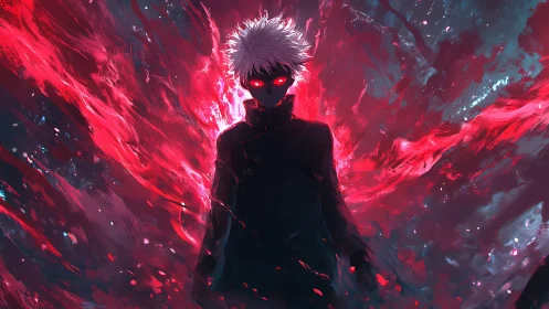 Digital painting of red-eyed antihero in explosive aura field.