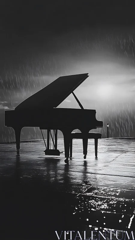 Rainlit piano waiting softly beneath a stormy skyline.