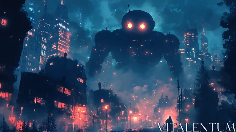 Gigantic urban mech incursion amid neon fog and fireglow.