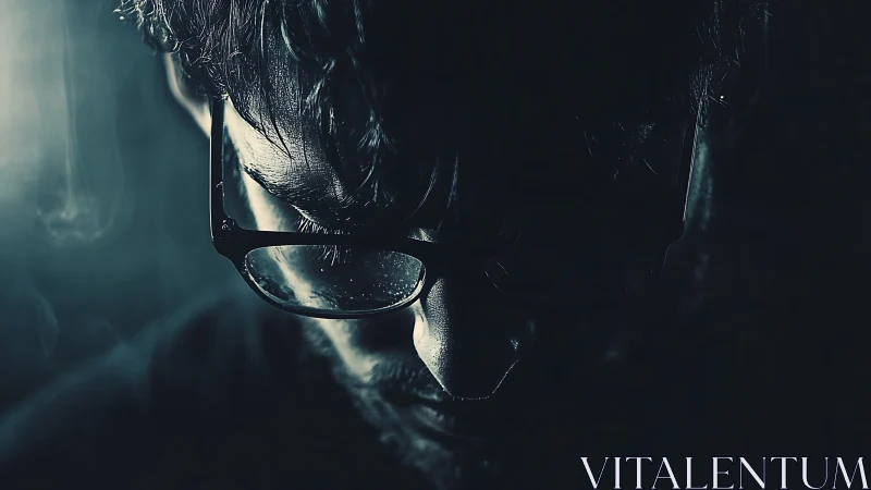 Quiet glow of late-night thoughts behind reflective glasses.