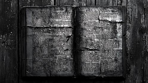 Timeworn scripture unraveling secrets on a bruised table.