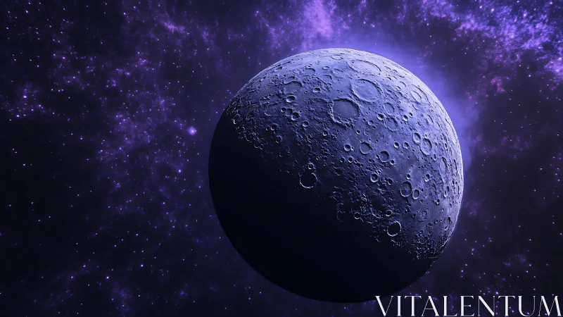 Luminous cratered moon adrift in vivid violet nebulae.