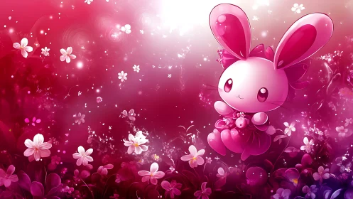 Pink rabbit character floats above glowing floral field