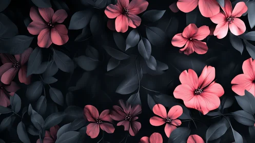 Coral Petaled Blossoms Against Deep Charcoal Foliage. Digital Botanical Study.