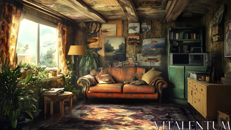 Sunlit vintage living room cradles a cozy, art-filled retreat.
