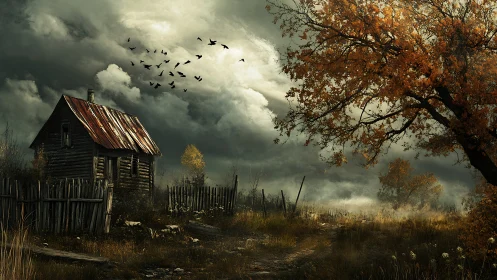 Weathered cabin under stormy sky beside autumn tree.