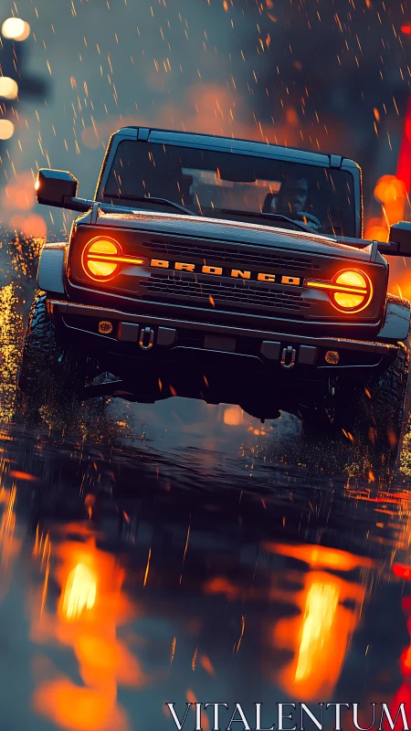Rain-slashed Bronco leaps through neon puddle firestorm.