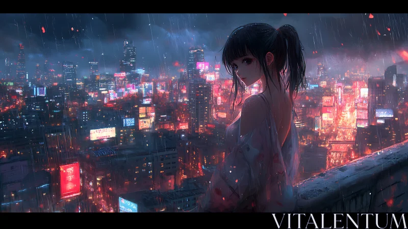 Rain-soaked rooftop girl rewrites the neon city’s heartbeat