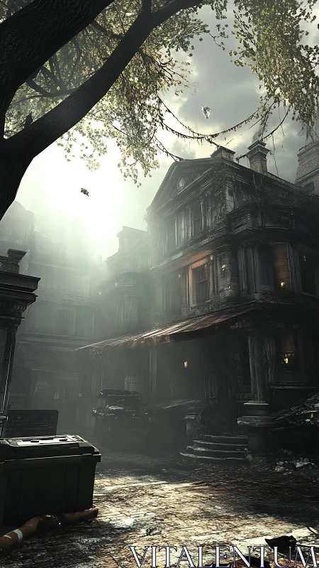 Sun-split fog haunts a crumbling manor&rsquo;s forgotten courtyard
