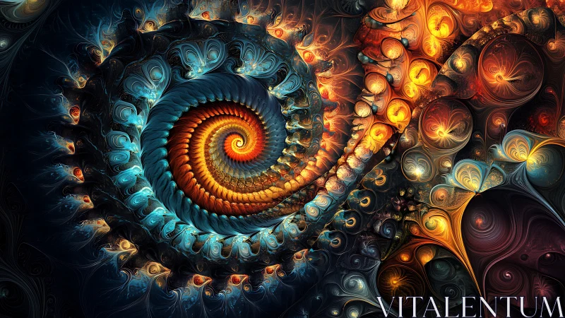 Fractal spiral vortex renders bioluminescent chromatic turbulence