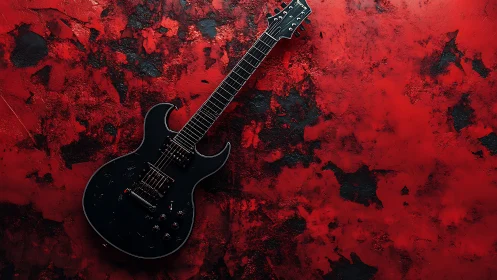 Black electric guitar diagonally staged on textured crimson field