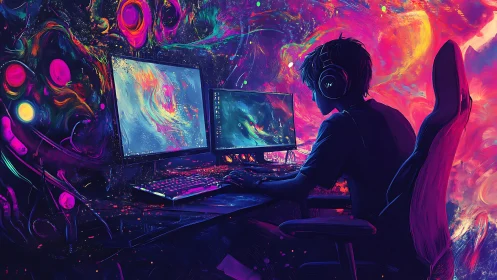 Person at dual-monitor computer in neon abstract environment.