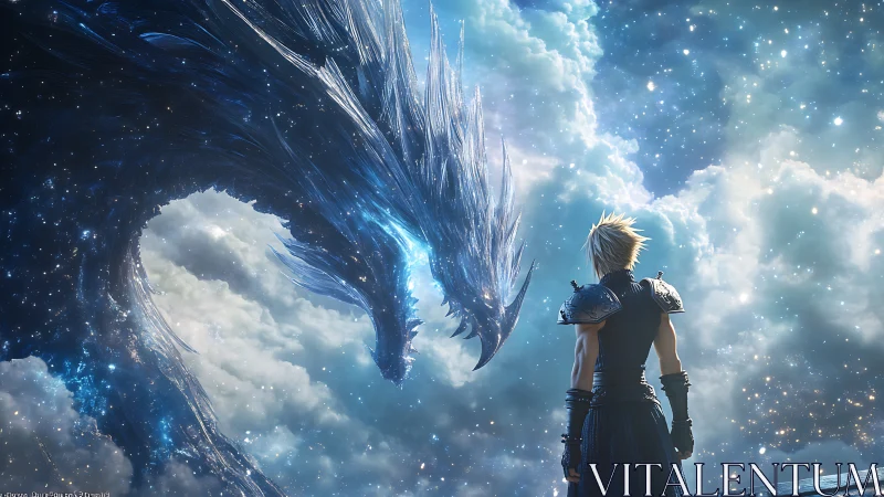 Starlit warrior confronts crystalline cosmic dragon amid volumetric nebula