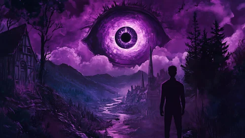 Violet omen above river town and solitary witness beneath.