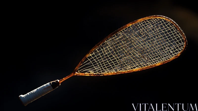 Golden squash racket glows dramatically against dark void