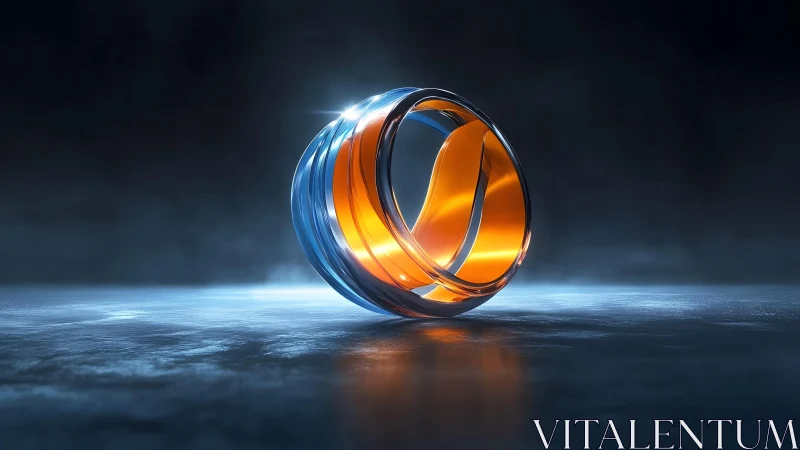 Futuristic metallic orange and silver ring on dark reflective surface.