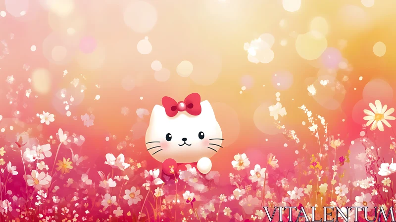 Cartoon white cat character in stylized pink flower field.