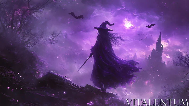 Solitary witch in violet storm above dark castle at dusk.