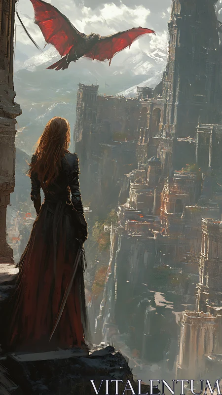 Epic fantasy warrior before vertiginous dragon citadel.