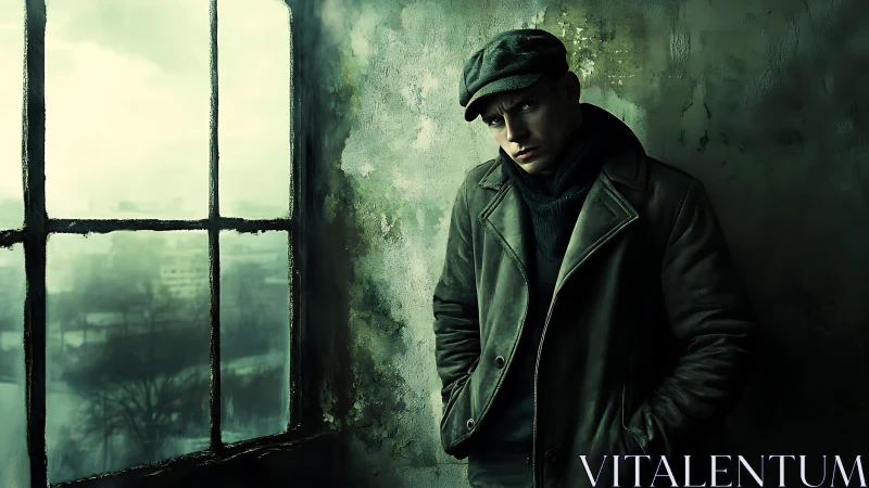 Brooding man in a worn coat by a cold city window.