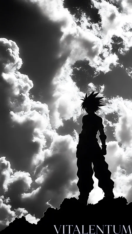 Silhouette of spiky haired figure against backlit cloud sky.