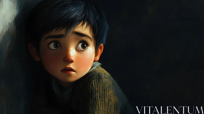 Frightened boy looks over shoulder in dim dramatic light