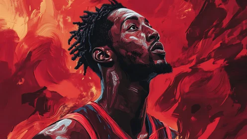 Crimson court dreamer rises through swirling painted fire.